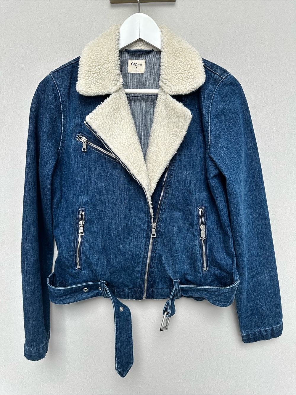 GAP Blue Denim Jacket with Cream Sherpa Collar